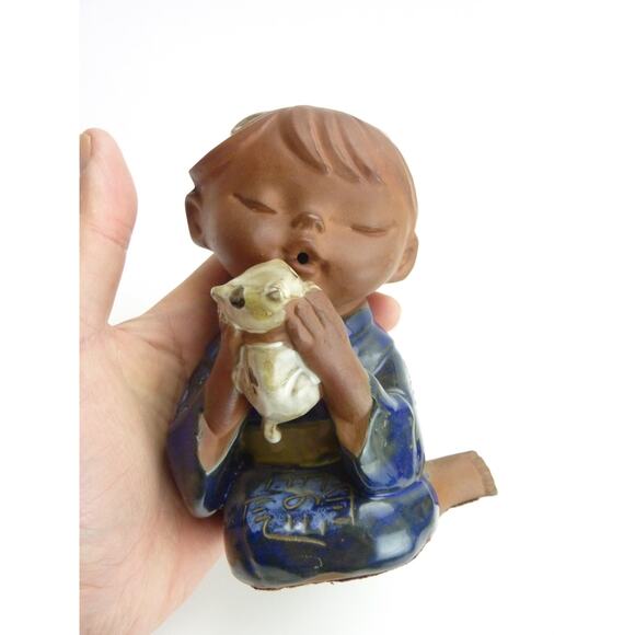 Vintage 1970s Japan Glazed Terracotta Girl with Cat - Picture 6 of 6